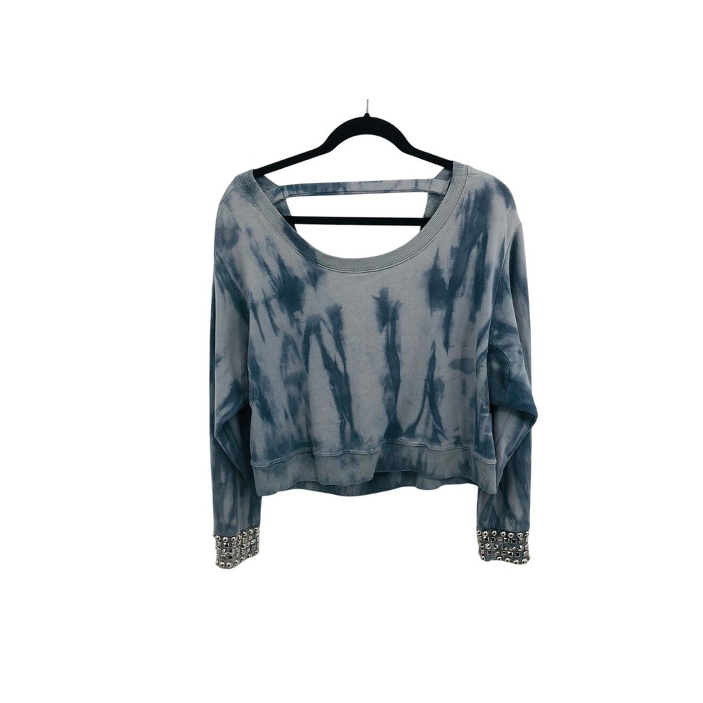 Esley Women Blue Tie Dye Open Back Studded Cuff Sweatshirt 2101TJ S